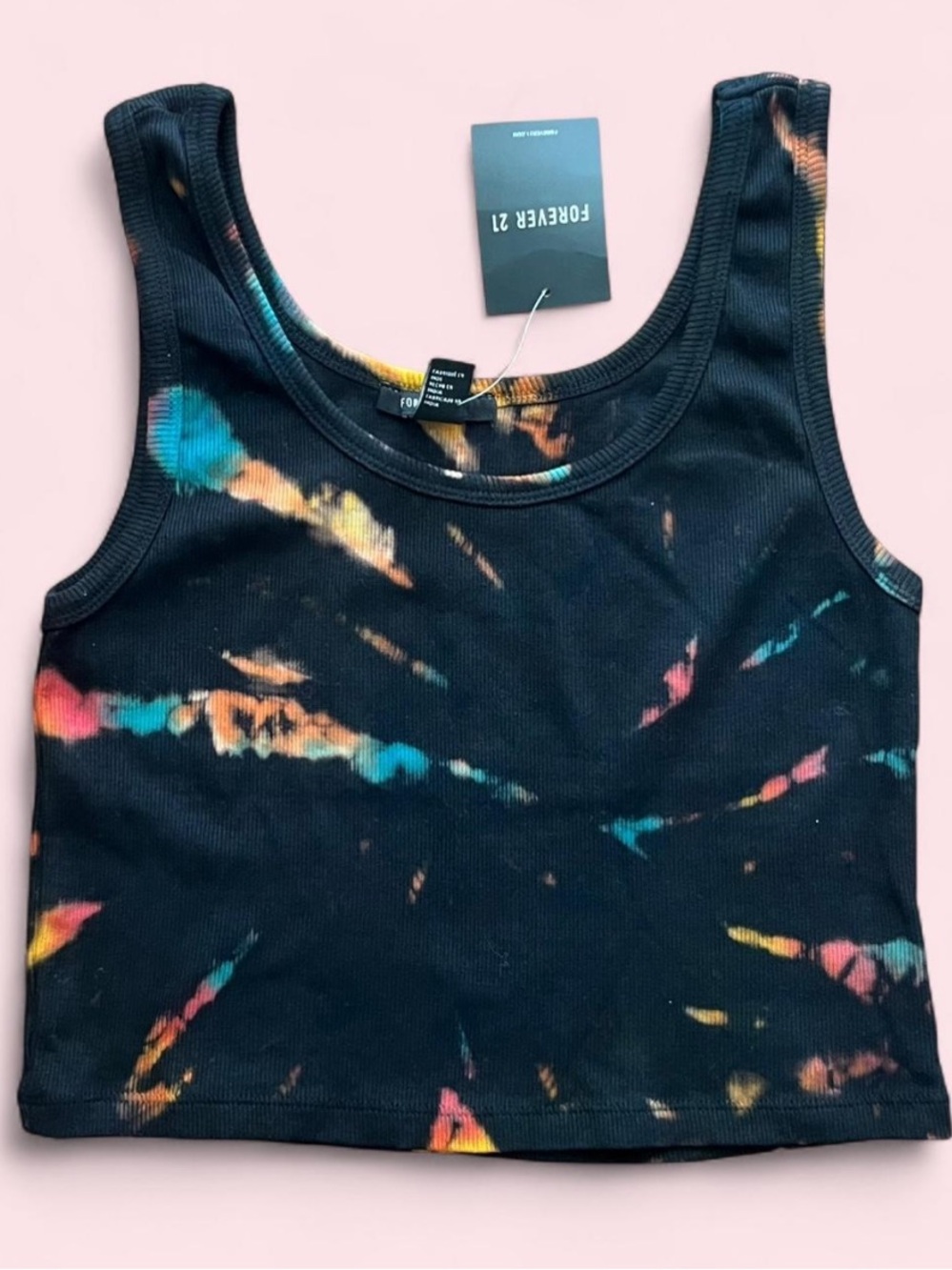 Forever 21 Black Tie-Dye Ribbed Crop Tank with Multicolor Accents